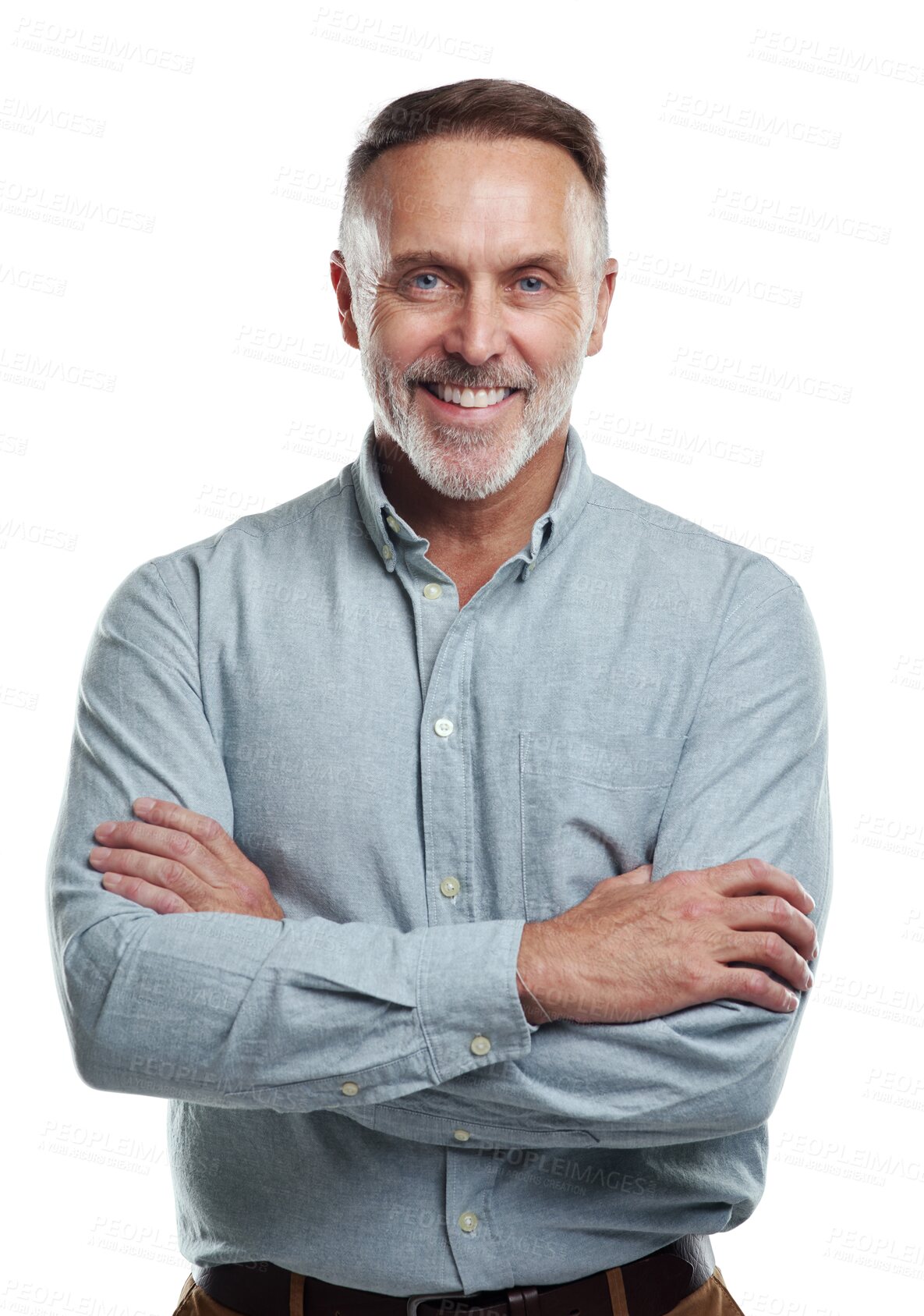 Buy stock photo Confidence, portrait and mature man with smile, arms crossed and isolated on transparent png background. Pride, happiness and confident businessman with opportunity, business fashion and happy face.