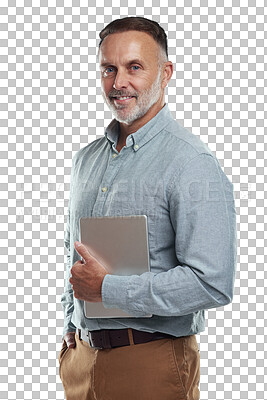 Buy stock photo Tablet, portrait and senior professional man smile for architect job, success, or pride in business career. Architecture expert, confidence and elderly person isolated on transparent, png background