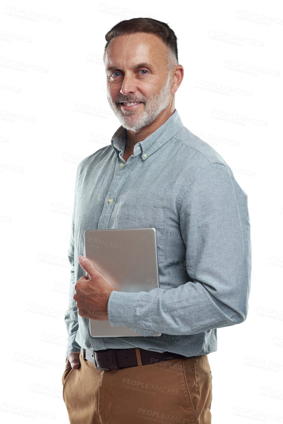 Buy stock photo Tablet, portrait and senior professional man smile for architect job, success, or pride in business career. Architecture expert, confidence and elderly person isolated on transparent, png background