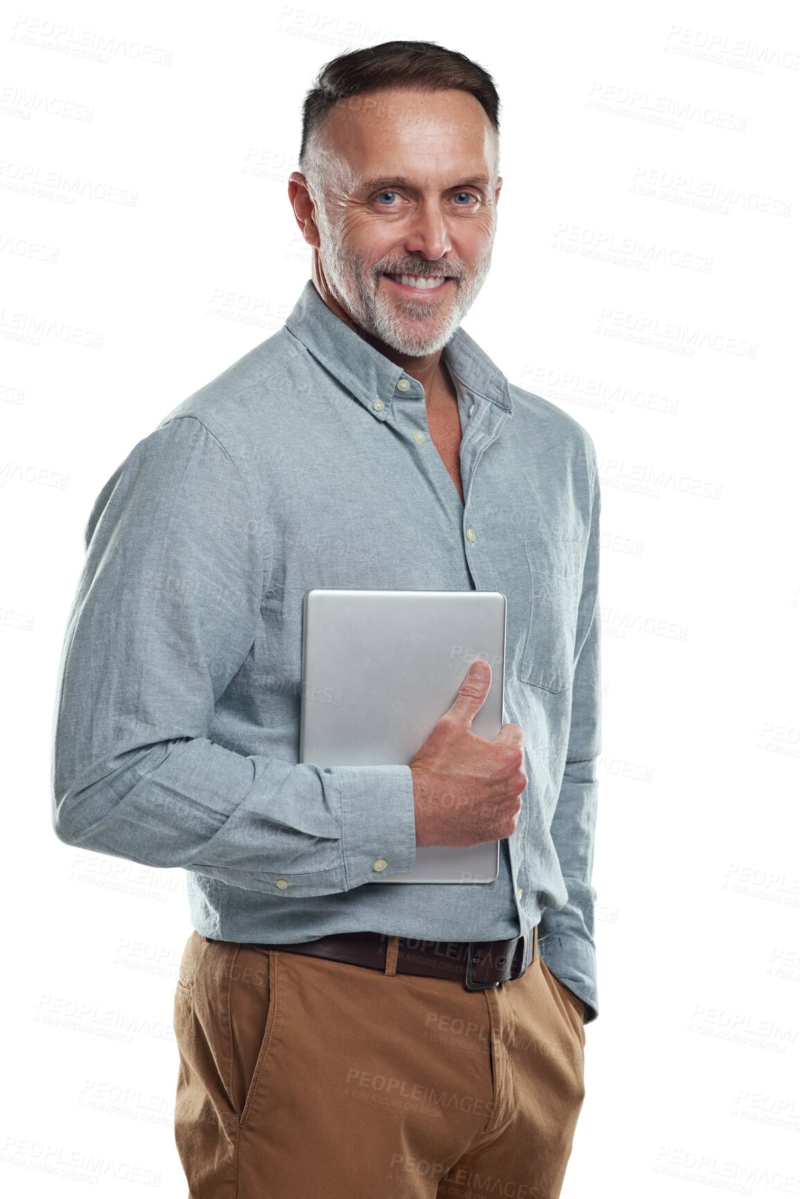 Buy stock photo Tablet, happy business portrait and senior man smile for designer job, success, or pride in creative startup. Design entrepreneur, confident and elderly person isolated on transparent, png background