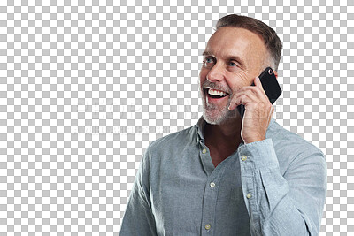 Buy stock photo Happy phone call, talking or senior man on cellphone communication, discussion or conversation. Networking face, mobile smartphone or elderly person consulting isolated on transparent, png background