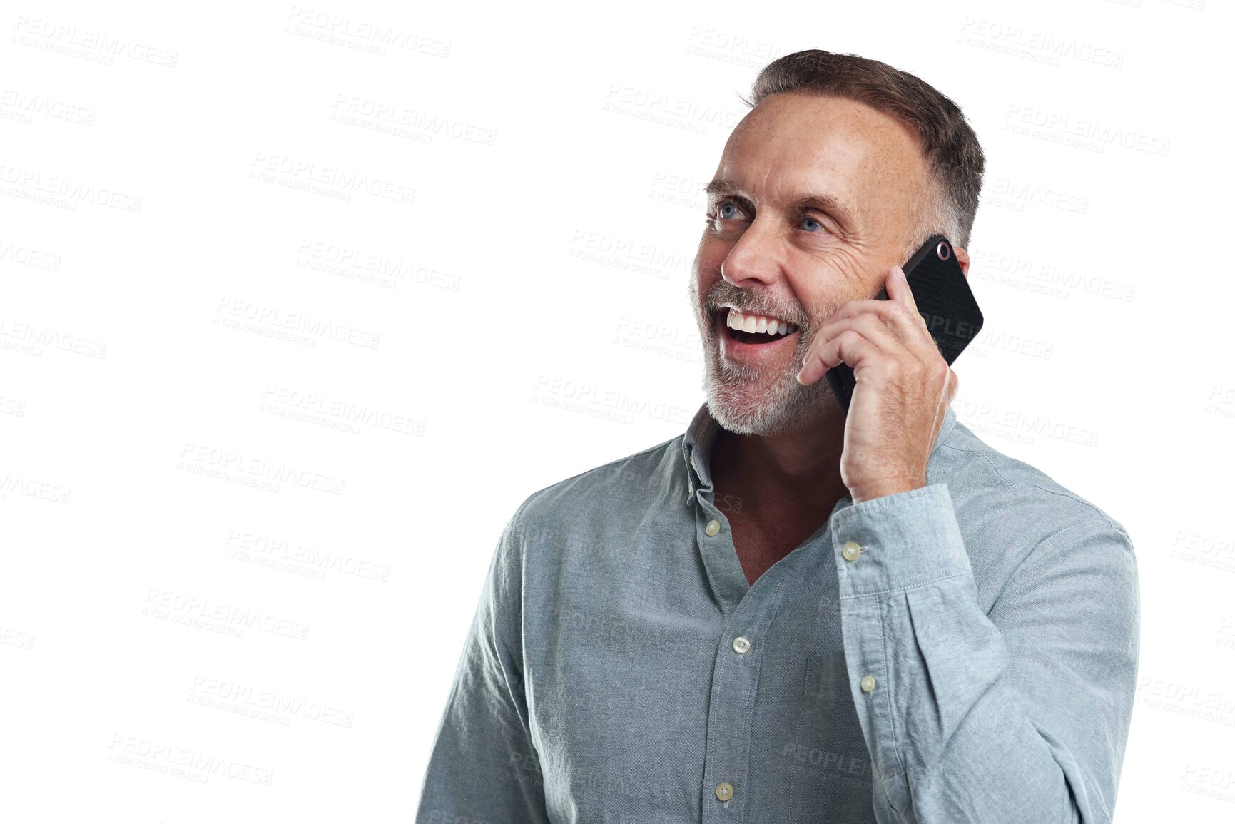 Buy stock photo Happy phone call, talking or senior man on cellphone communication, discussion or conversation. Networking face, mobile smartphone or elderly person consulting isolated on transparent, png background