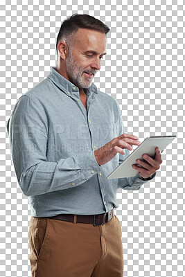 Buy stock photo Tablet, typing and senior business man check email communication, online research statistics or search website. Reading, application review and elderly person isolated on transparent, png background