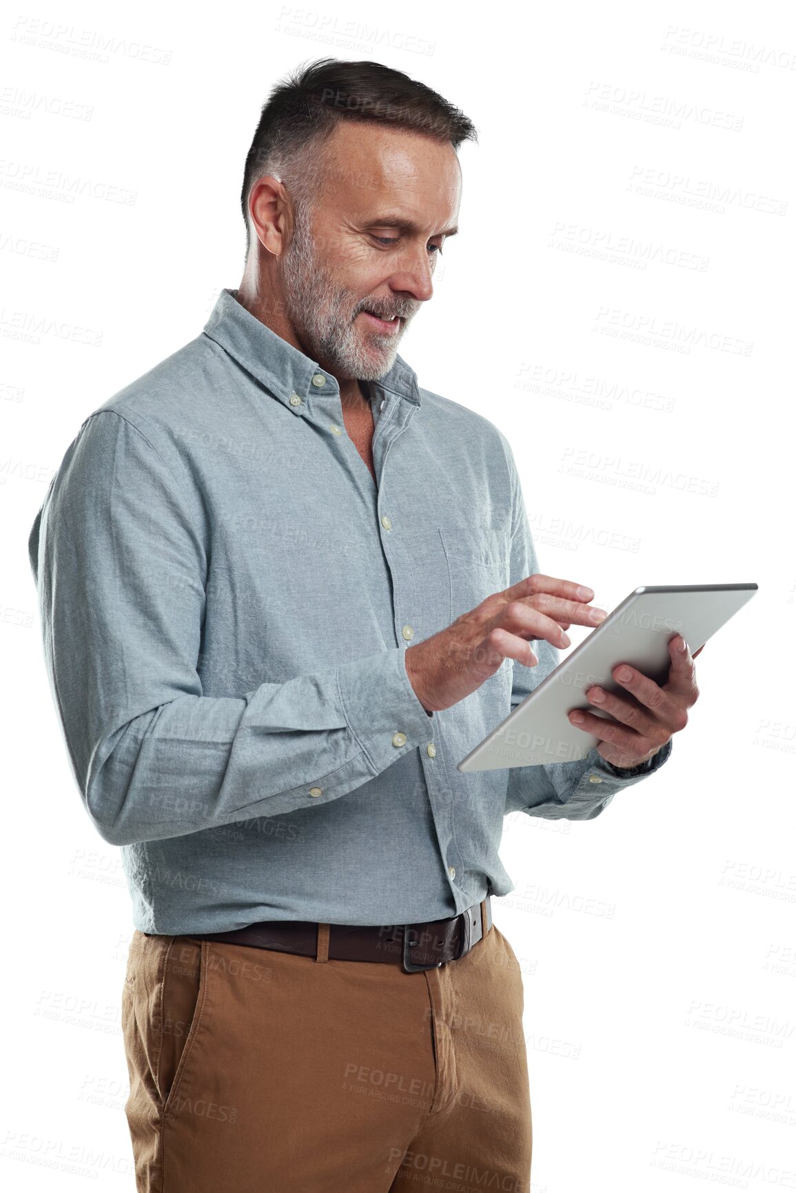 Buy stock photo Tablet, typing and senior business man check email communication, online research statistics or search website. Reading, application review and elderly person isolated on transparent, png background