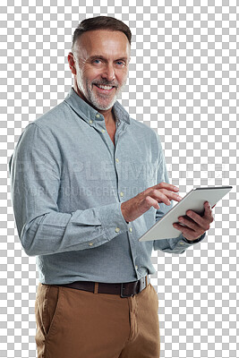 Buy stock photo Tablet, business portrait or senior man smile, typing or check engineer plan, online research or digital schematic. Happy, engineering review or elderly person isolated on transparent, png background