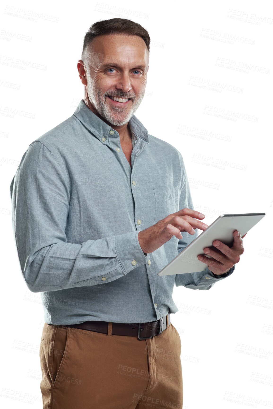 Buy stock photo Tablet, business portrait or senior man smile, typing or check engineer plan, online research or digital schematic. Happy, engineering review or elderly person isolated on transparent, png background