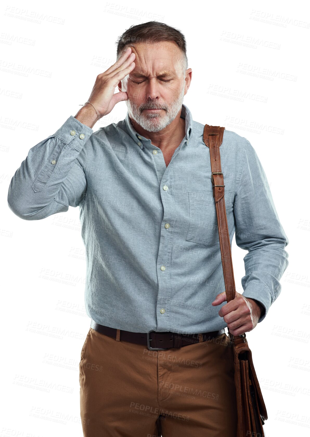 Buy stock photo Headache, travel or mature businessman on commute journey isolated on transparent png background. Head pain, stressed entrepreneur or senior accountant with migraine, burnout or bag ready for work 