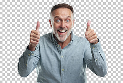 Buy stock photo Thumbs up, portrait or senior man excited by success, vote or like isolated on transparent PNG background. Okay feedback, hand gesture or happy male person with thank you, yes sign or good job review