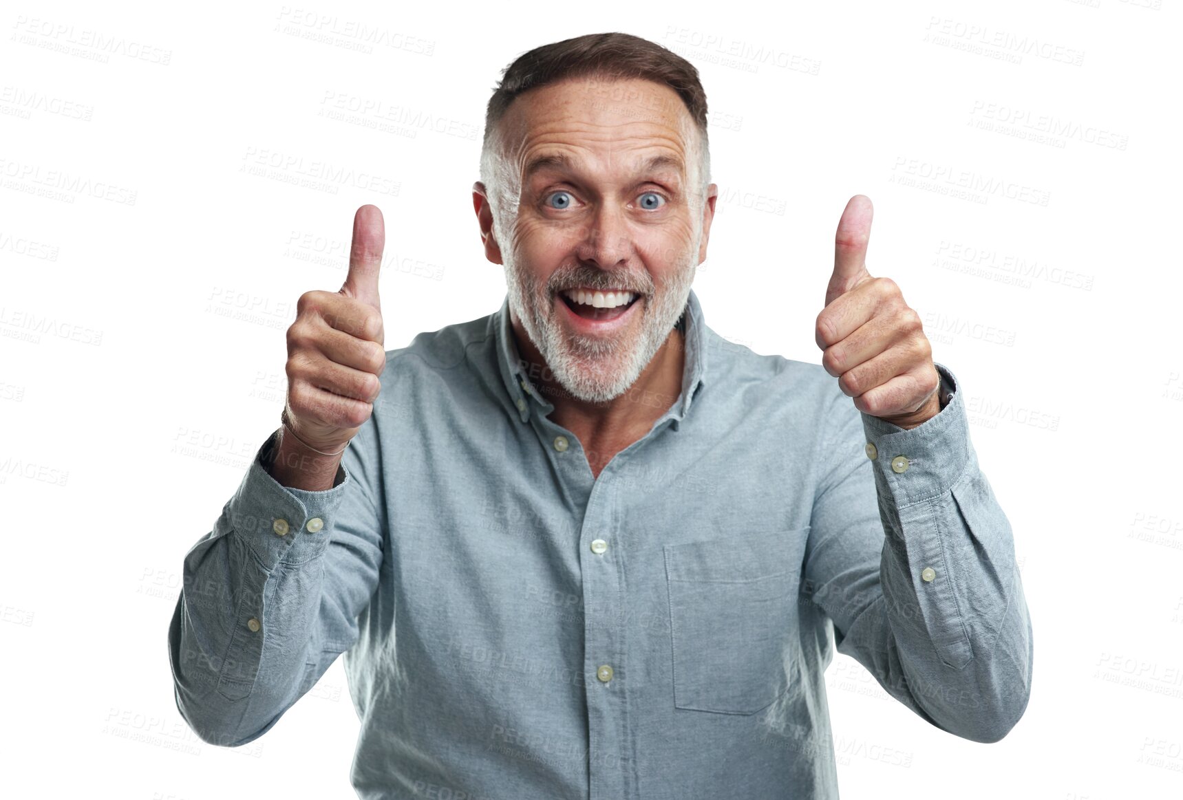 Buy stock photo Thumbs up, portrait or senior man excited by success, vote or like isolated on transparent PNG background. Okay feedback, hand gesture or happy male person with thank you, yes sign or good job review