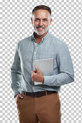 Buy stock photo Tablet, portrait or senior business man happy for architect career growth, online research or pride in job. Architecture professional, expert or elderly person isolated on transparent, png background