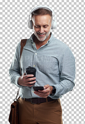 Buy stock photo Isolated mature business man, smartphone or texting with smile, headphones and transparent png background. Businessman, phone and music with social network, web chat and search on audio streaming app