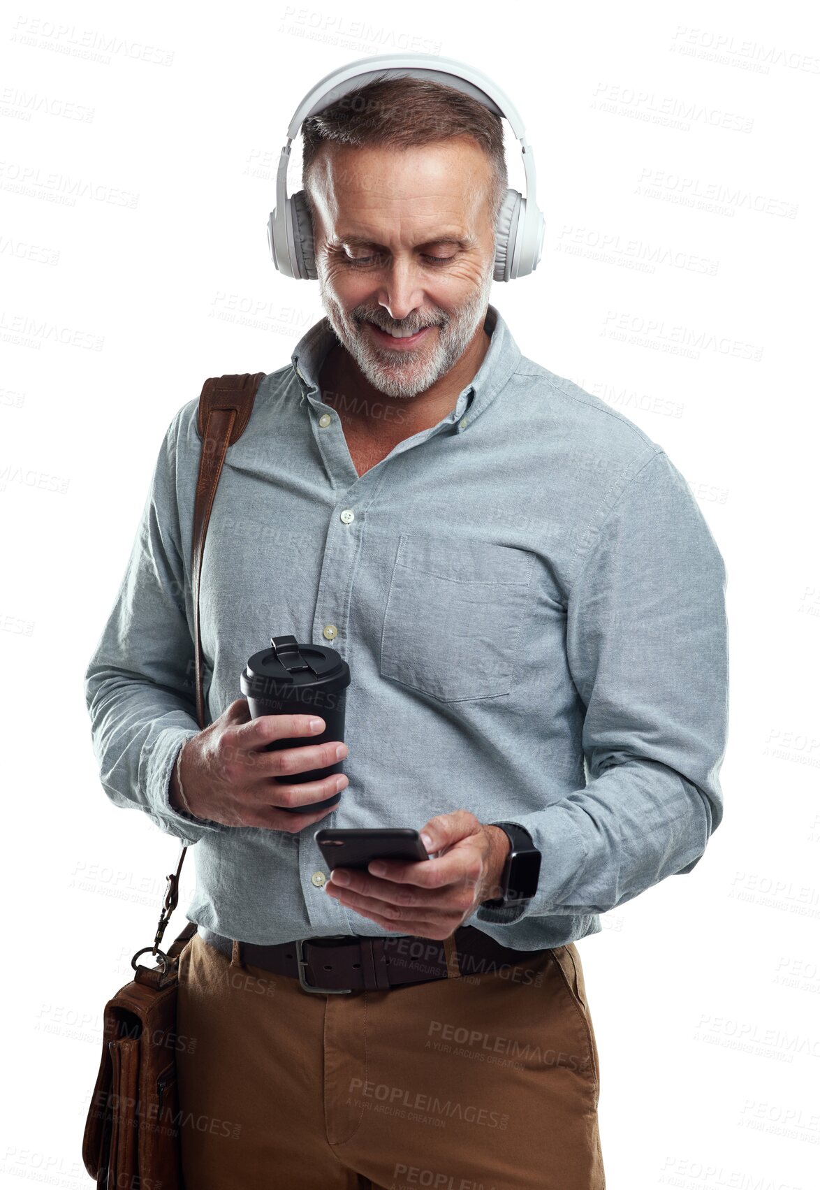 Buy stock photo Isolated mature business man, smartphone or texting with smile, headphones and transparent png background. Businessman, phone and music with social network, web chat and search on audio streaming app