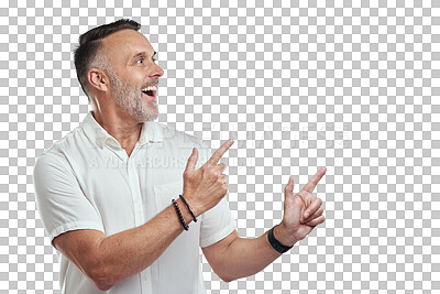 Buy stock photo Pointing, smile or mature man with announcement deal offer isolated on transparent png background. Happy, announcement or senior person showing senior citizen information, news or marketing promotion