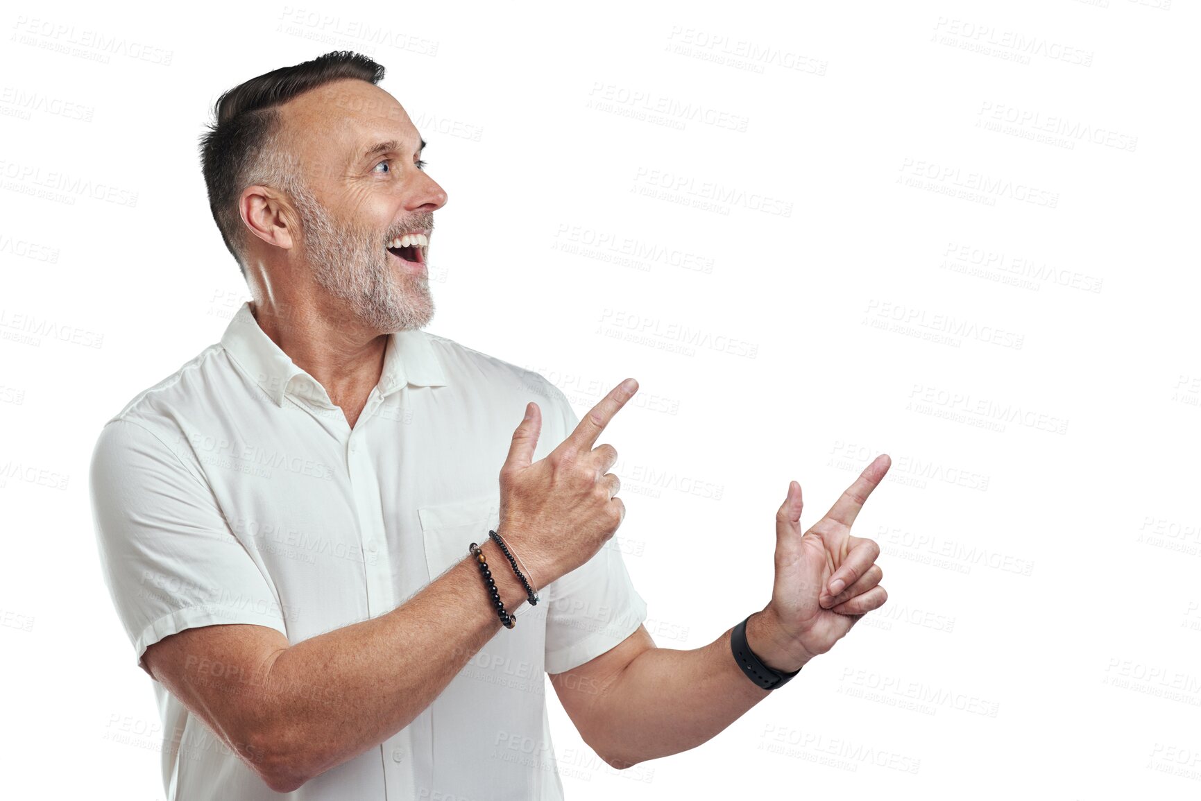 Buy stock photo Pointing, smile or mature man with announcement deal offer isolated on transparent png background. Happy, announcement or senior person showing senior citizen information, news or marketing promotion