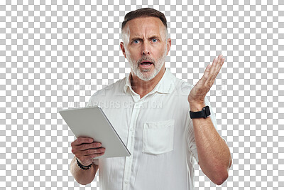 Buy stock photo Tablet, portrait and senior man surprise over bad email communication, news notification or crisis announcement. Confused, problem or shocked elderly person isolated on transparent, png background