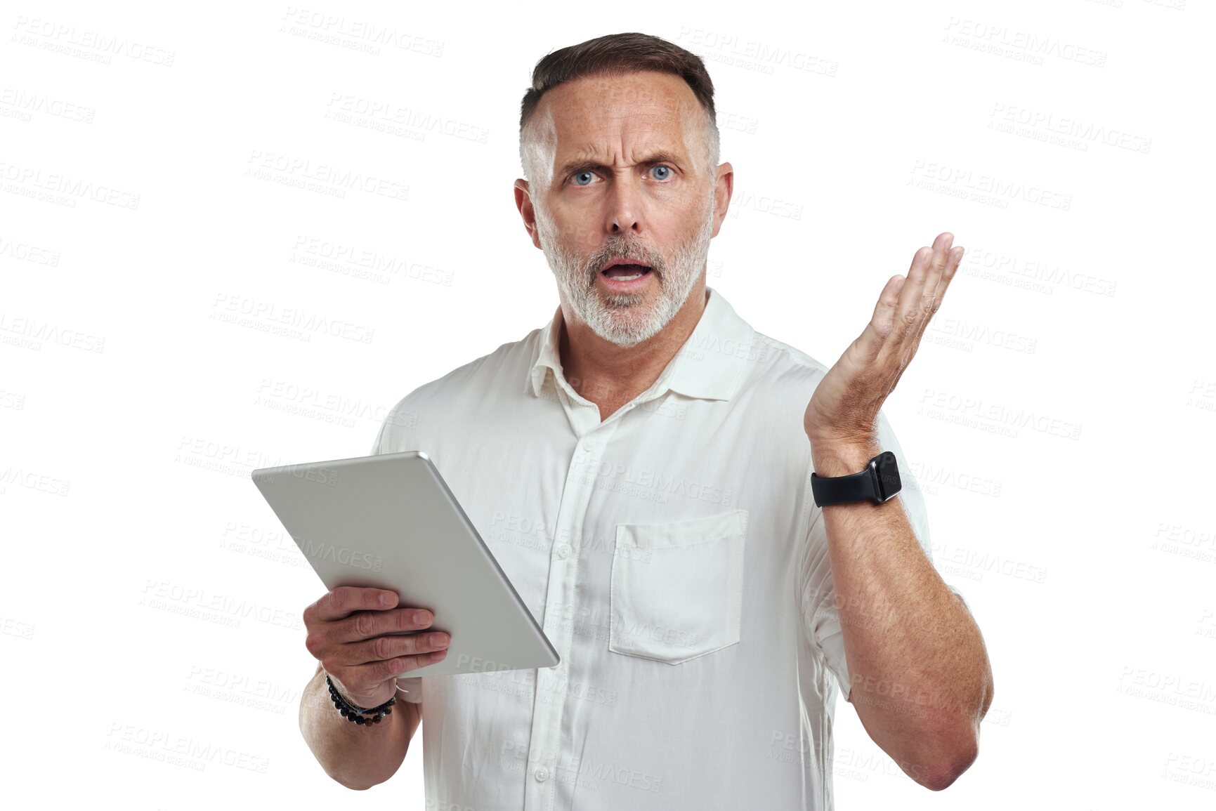 Buy stock photo Tablet, portrait and senior man surprise over bad email communication, news notification or crisis announcement. Confused, problem or shocked elderly person isolated on transparent, png background