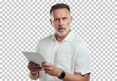 Buy stock photo Mature, man portrait and anger with tablet problem and 404 tech issue feeling frustrated. Male person, frown and internet fail of a businessman angry and isolated on a transparent, png background