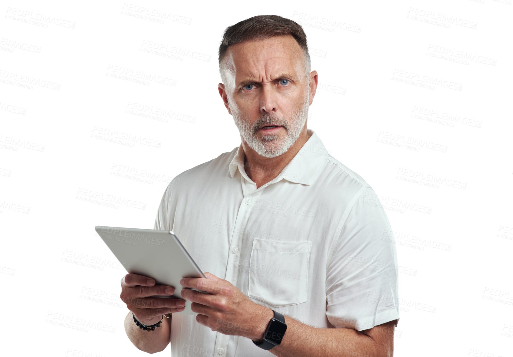 Buy stock photo Mature, man portrait and anger with tablet problem and 404 tech issue feeling frustrated. Male person, frown and internet fail of a businessman angry and isolated on a transparent, png background