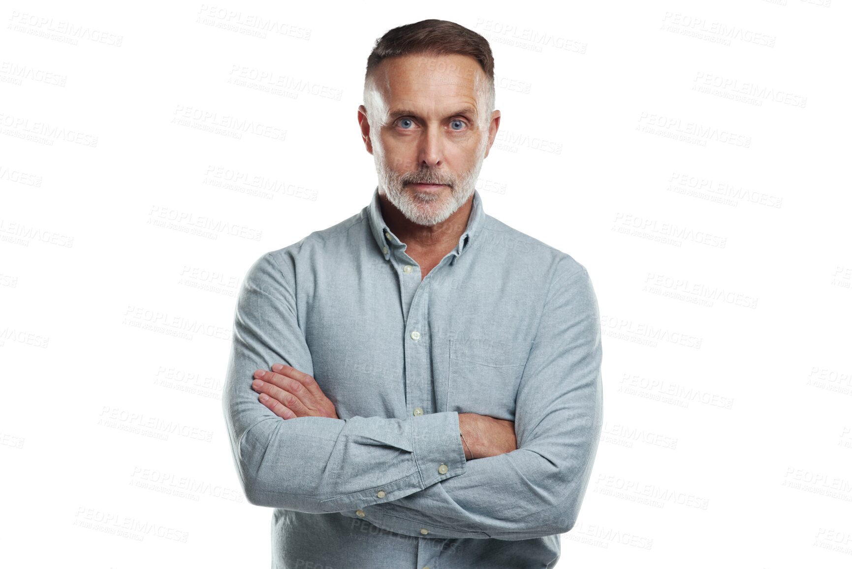 Buy stock photo Portrait of confident man with arms crossed and serious face isolated on transparent png background. Confidence, pride and mature businessman as proud and professional business owner as a CEO