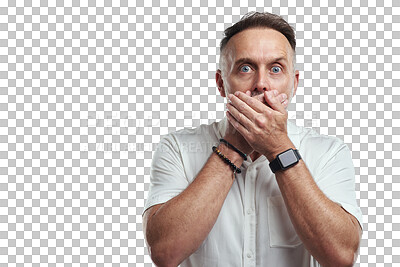 Buy stock photo Shock, mature man and mouth cover portrait from news, accident or secret. Male businessman, wow face and glasses with job omg and surprise isolated on a transparent, png background from work