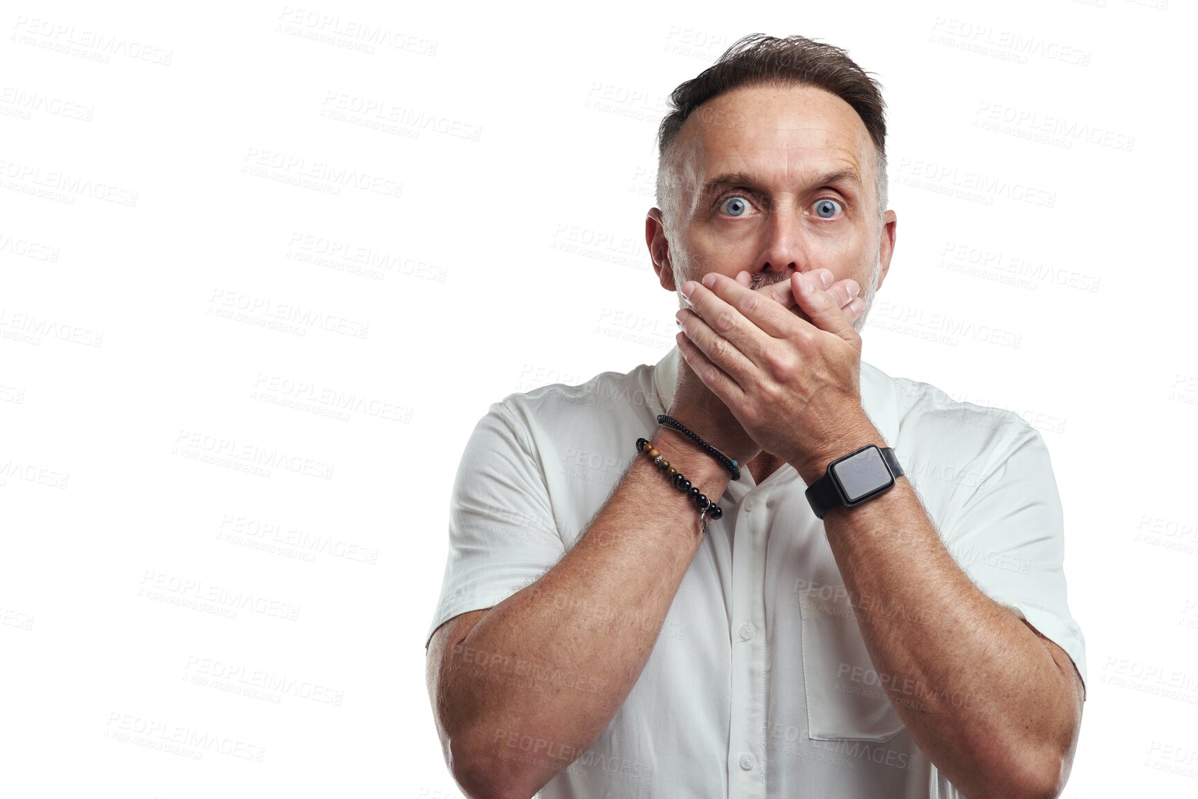 Buy stock photo Shock, mature man and mouth cover portrait from news, accident or secret. Male businessman, wow face and glasses with job omg and surprise isolated on a transparent, png background from work