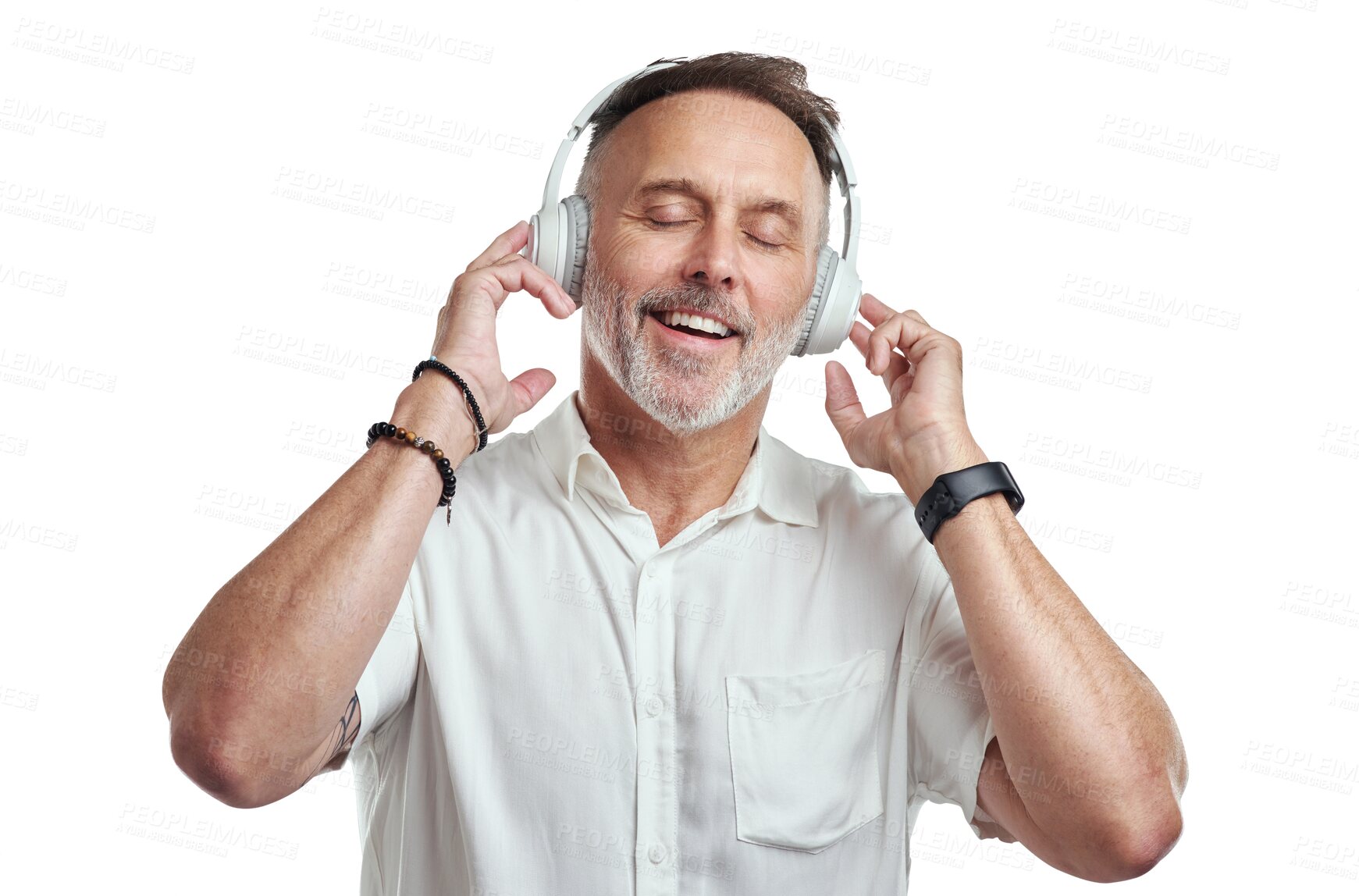 Buy stock photo Relax, headphones or mature man streaming radio music, podcast or audio on subscription playlist. Eyes closed, face or happy senior person listening to song isolated on transparent png background 