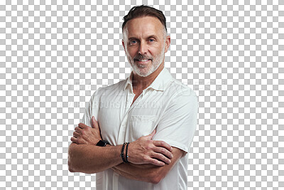 Buy stock photo Portrait, confidence and man with smile, arms crossed and isolated on transparent png background. Mature, happy and confident business person, proud human resource manager and opportunity in Italy.