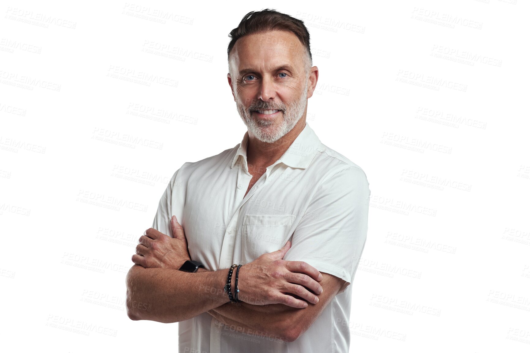 Buy stock photo Portrait, confidence and man with smile, arms crossed and isolated on transparent png background. Mature, happy and confident business person, proud human resource manager and opportunity in Italy.