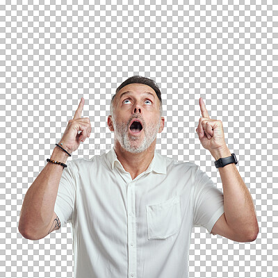 Buy stock photo Pointing up, wow or shocked mature man with announcement isolated on transparent png background. Senior, omg or surprised person showing deal offer information, news or logo marketing for promotion