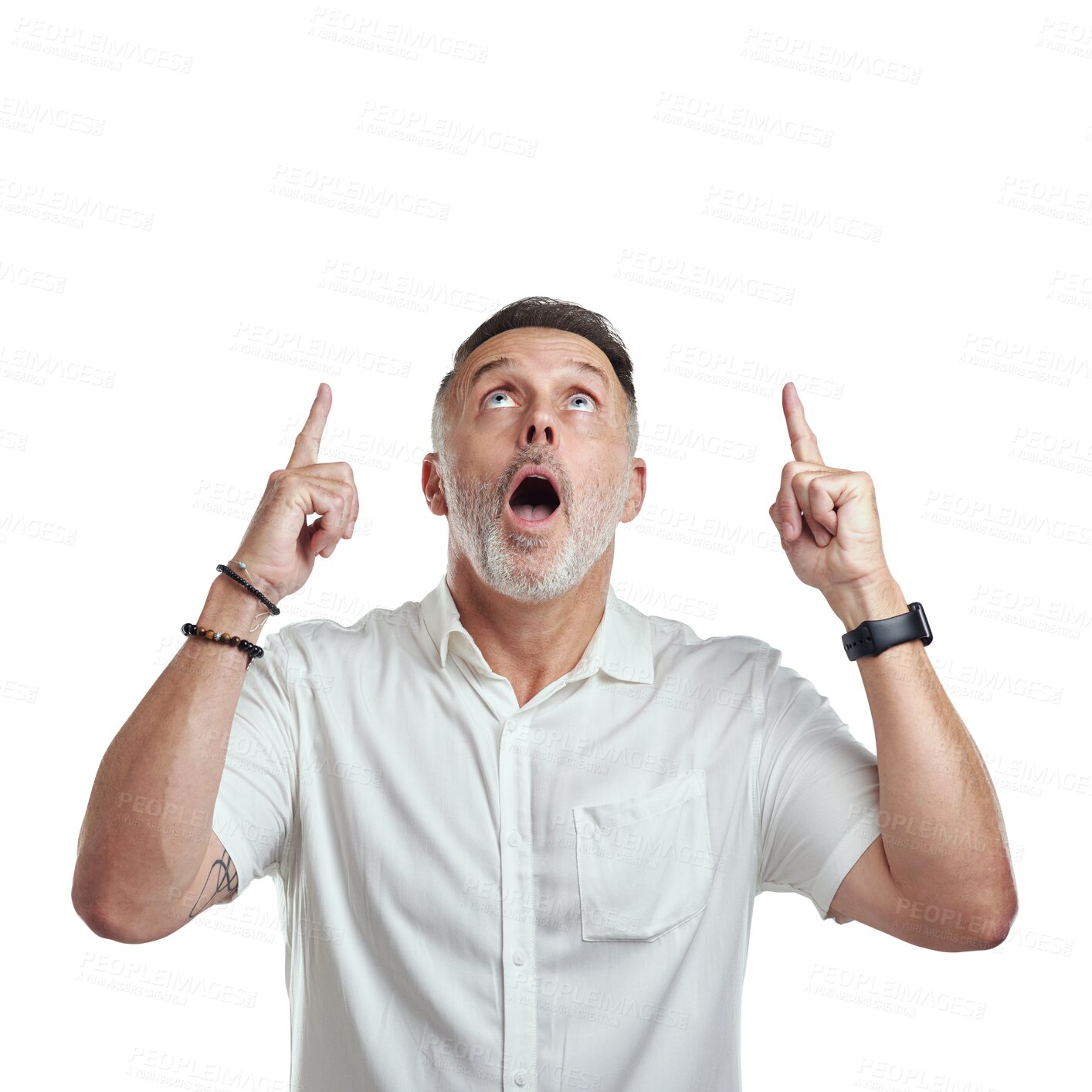 Buy stock photo Pointing up, wow or shocked mature man with announcement isolated on transparent png background. Senior, omg or surprised person showing deal offer information, news or logo marketing for promotion