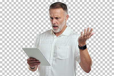 Buy stock photo Angry, businessman and isolated with tablet error and web project mistake feeling annoyed. Male person, professional shock and job fail of digital work on transparent, png background with tech