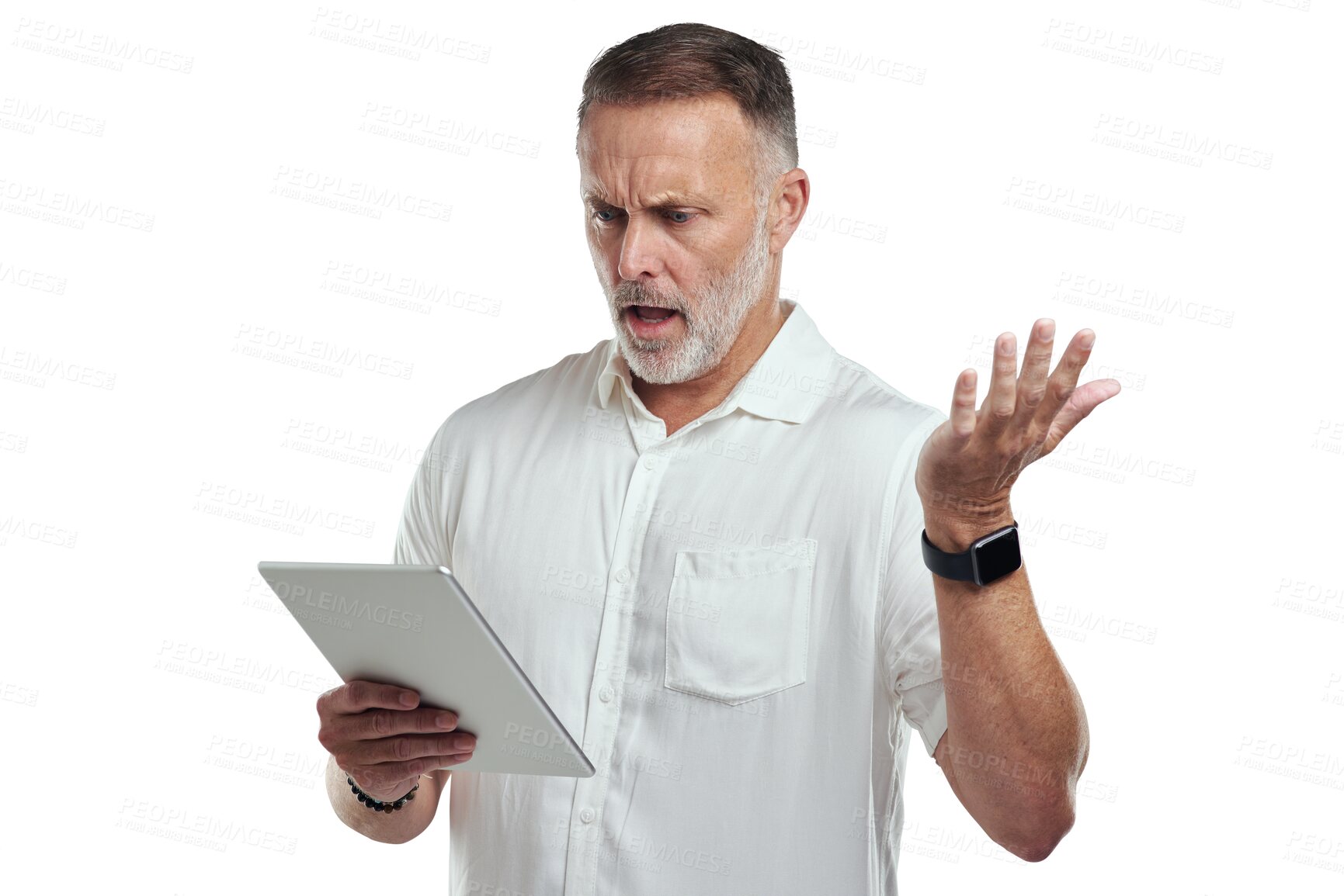 Buy stock photo Angry, businessman and isolated with tablet error and web project mistake feeling annoyed. Male person, professional shock and job fail of digital work on transparent, png background with tech