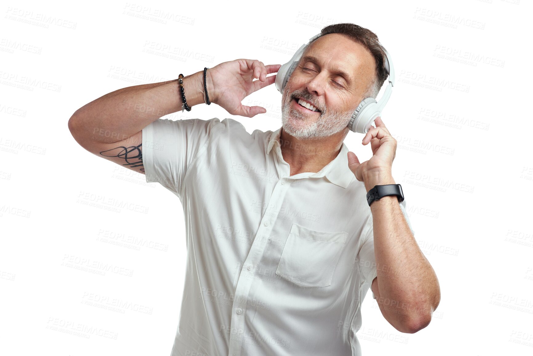 Buy stock photo Happy, headphones or mature man streaming radio music, podcast or audio on subscription playlist. Eyes closed, face or relaxed senior person listening to song isolated on transparent png background 