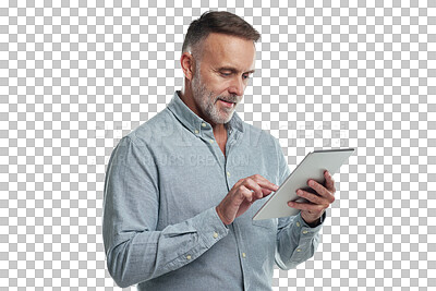 Buy stock photo Tablet, research and business man, senior professional or engineer typing digital design plan. Development planning, engineering analysis and elderly person isolated on transparent, png background