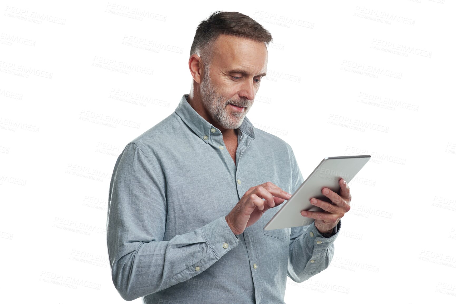 Buy stock photo Tablet, research and business man, senior professional or engineer typing digital design plan. Development planning, engineering analysis and elderly person isolated on transparent, png background