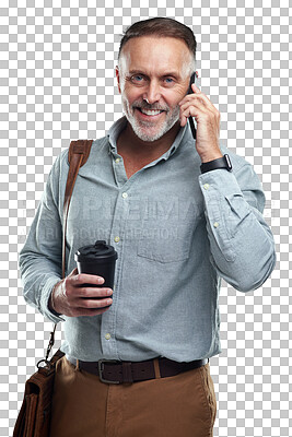 Buy stock photo Isolated mature business man, phone call and portrait with smile for information by transparent png background. Senior businessman, smartphone and happy for conversation, negotiation or news from job