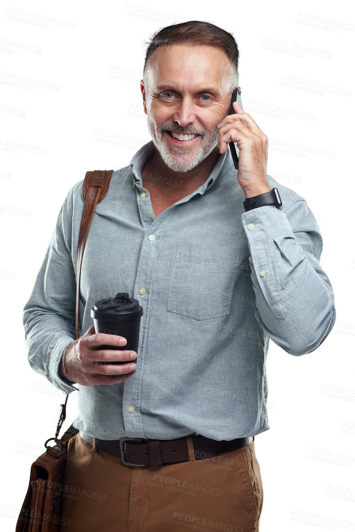 Buy stock photo Isolated mature business man, phone call and portrait with smile for information by transparent png background. Senior businessman, smartphone and happy for conversation, negotiation or news from job