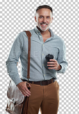 Buy stock photo Portrait, coffee or happy businessman on commute journey isolated on transparent png background. Travel, confident mature entrepreneur or senior accountant with pride, smile or bag ready for work