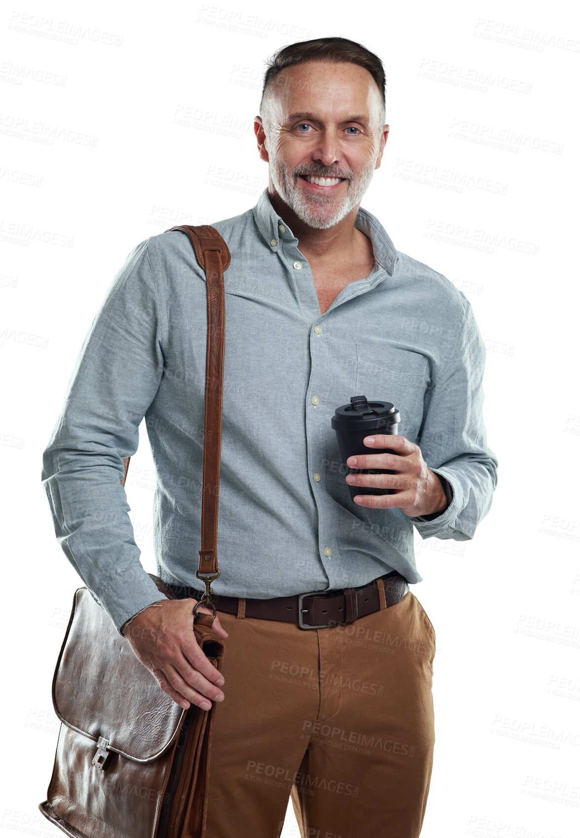 Buy stock photo Portrait, coffee or happy businessman on commute journey isolated on transparent png background. Travel, confident mature entrepreneur or senior accountant with pride, smile or bag ready for work