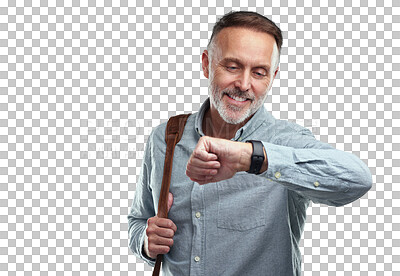 Buy stock photo Watch, travel or happy businessman on commute journey isolated on transparent png background. Checking time, confident mature entrepreneur or senior accountant with pride, smile or bag ready for work