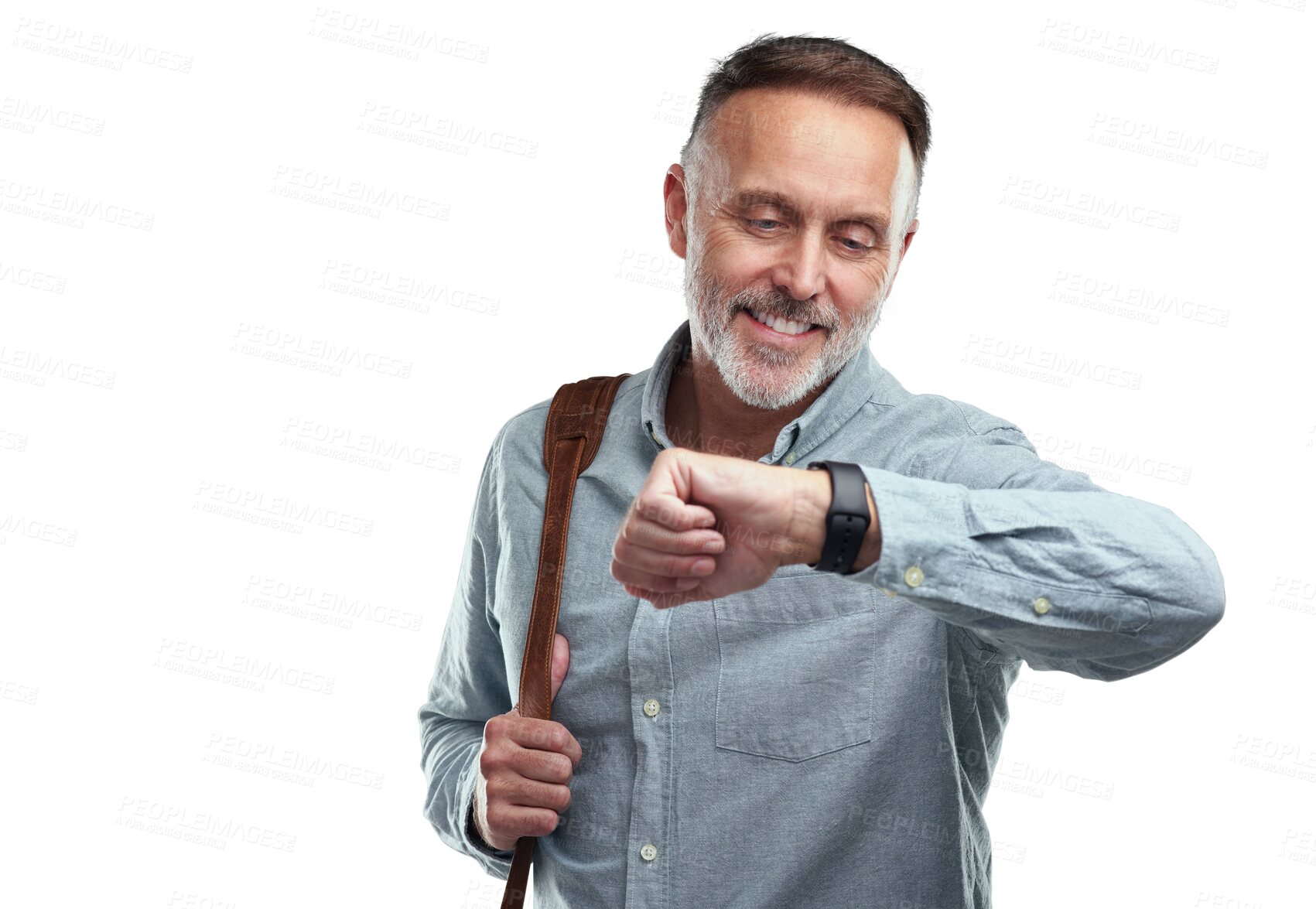 Buy stock photo Watch, travel or happy businessman on commute journey isolated on transparent png background. Checking time, confident mature entrepreneur or senior accountant with pride, smile or bag ready for work