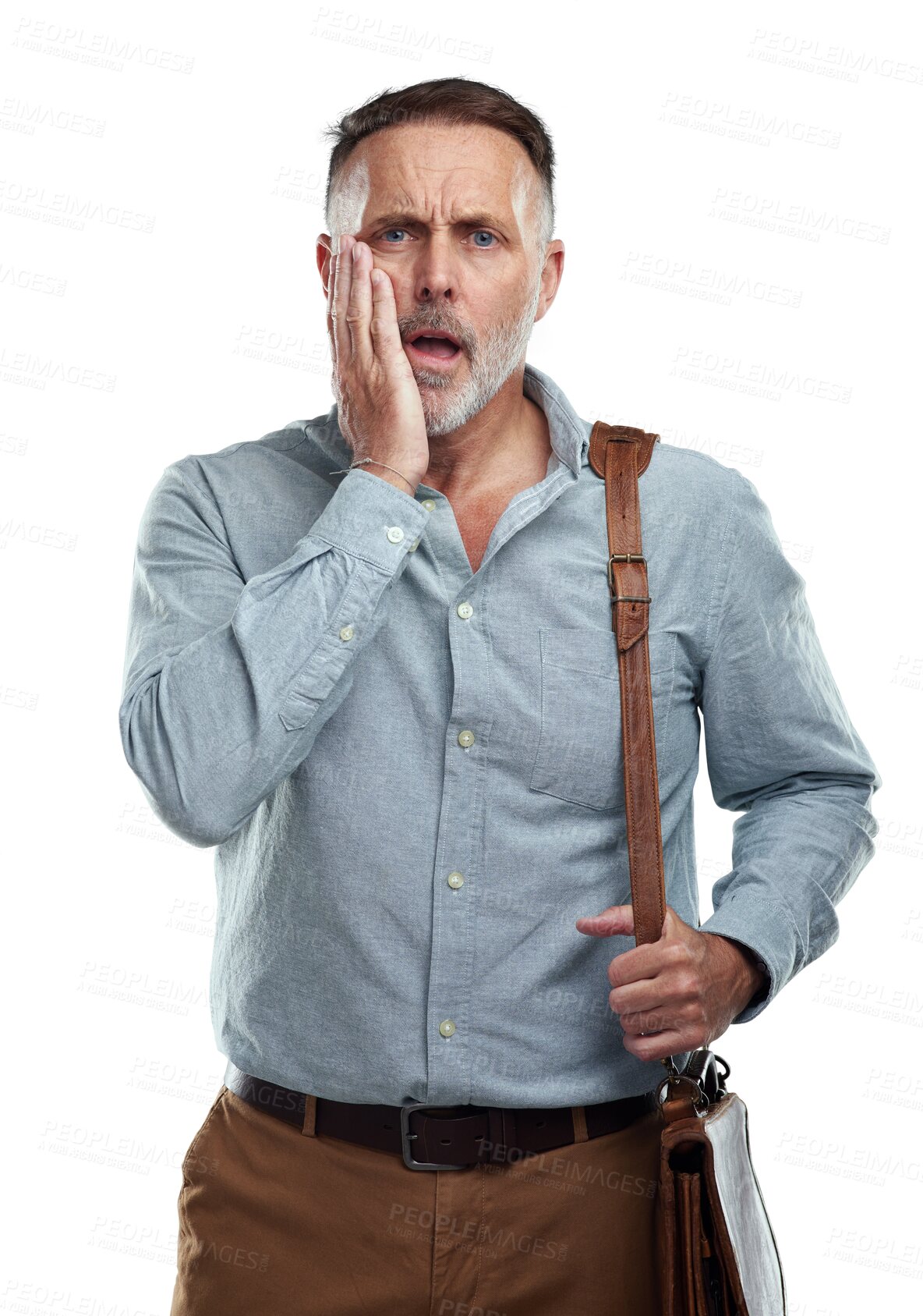 Buy stock photo Mature business man, mistake and slap face in portrait with fail, wow and isolated by transparent png background. Businessman, annoyed or frustrated with accident, surprise and forget with oops emoji