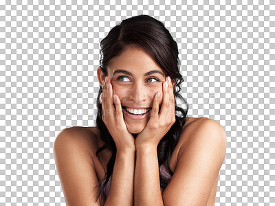 Buy stock photo Face, smile and woman surprise, happy and react to wow news, notification or winner announcement. Winning giveaway competition, happiness and excited person isolated on transparent, png background