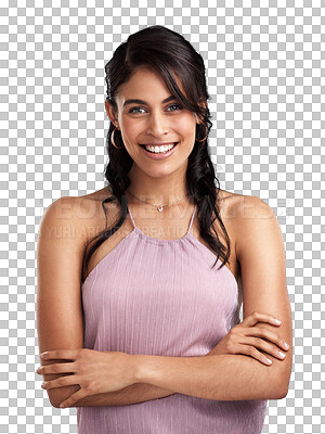 Buy stock photo Happy, arms crossed and portrait of woman with smile, happiness and joy for fashion, trendy clothes or retail apparel. Cheerful, confident style and person isolated on a transparent, png background 