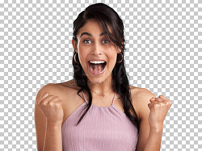 Buy stock photo Isolated woman, fist celebration and portrait with smile, win or excited face by transparent png background. Girl, model and happy winner with success, fashion or goals for bonus, profit or investing