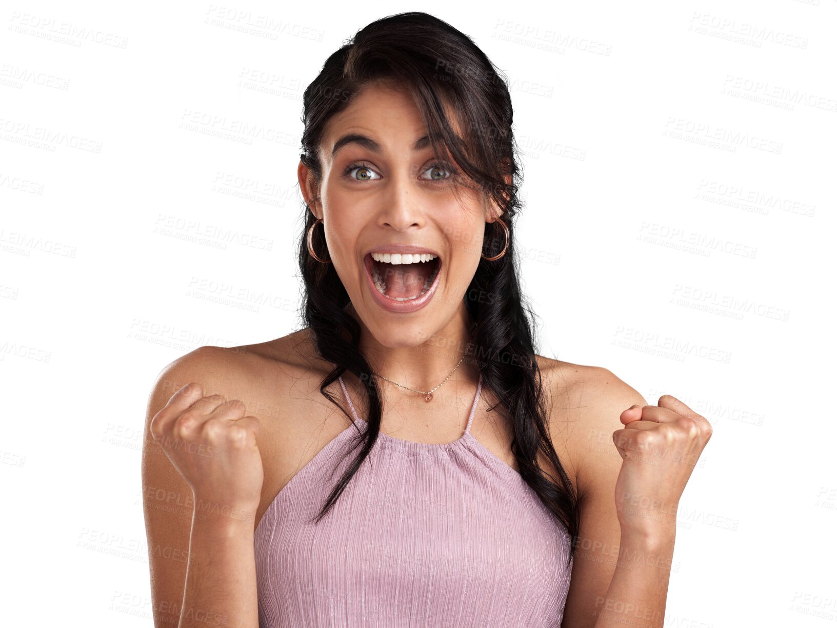 Buy stock photo Isolated woman, fist celebration and portrait with smile, win or excited face by transparent png background. Girl, model and happy winner with success, fashion or goals for bonus, profit or investing