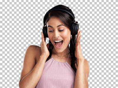 Buy stock photo Isolated woman, headphones and happy with music, audio streaming and listening by transparent png background. Girl, young model or student with radio, sound and excited face for track with smile