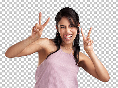 Buy stock photo Portrait, happy and woman with tongue out, peace sign and crazy facial expression for fun, happiness and posing. Excited, emoji icon gesture and funny person isolated on transparent, png background