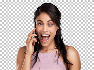 Buy stock photo Face portrait, phone call and happy woman surprise, excited and scream for wow news, notification or winner announcement. OMG achievement, cellphone and person isolated on transparent, png background