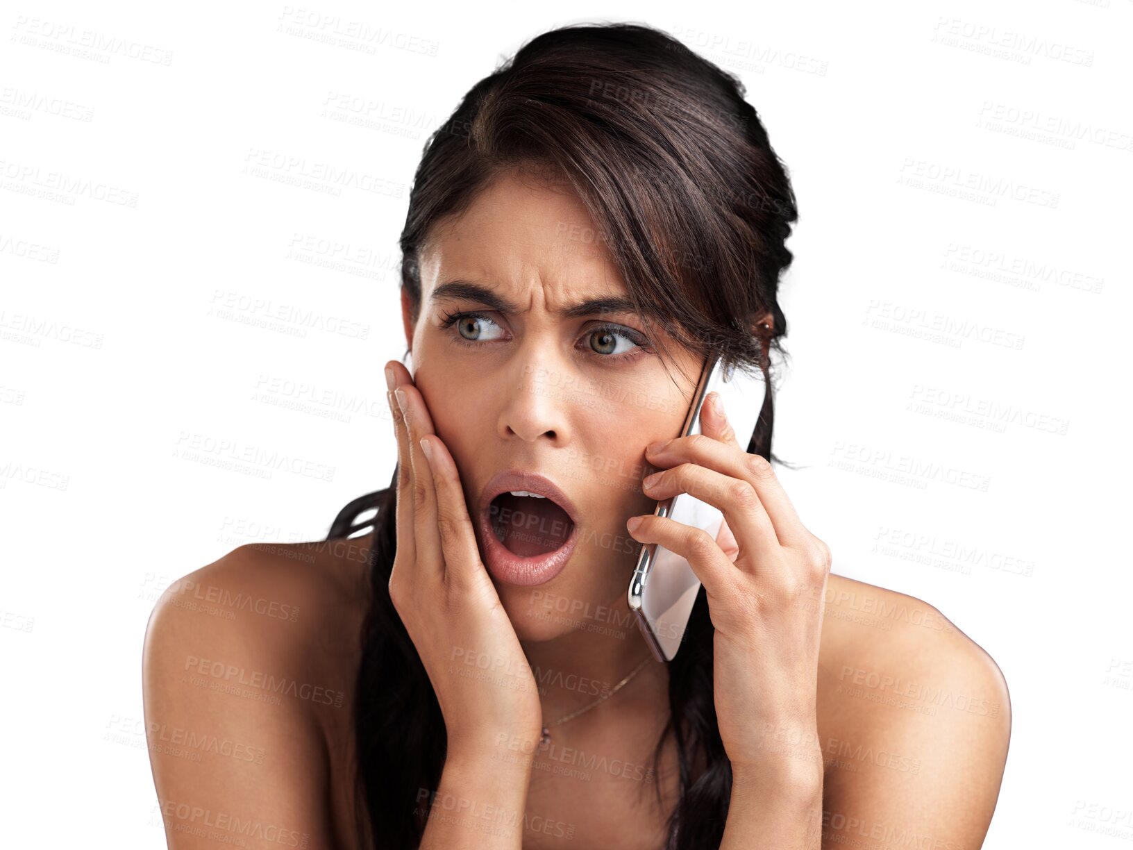 Buy stock photo Face, phone call news and woman surprise, shocked and gasp over gossip conversation, feedback or announcement. WTF, OMG facial expression and person listening isolated on transparent, png background